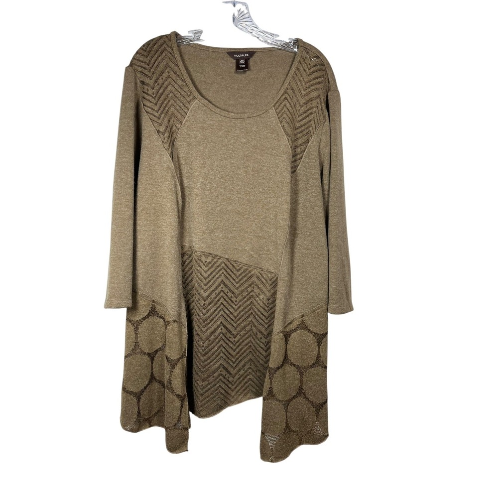 MULTIPLES Sz 2X Tunic Top Brown Geometric Print Knit Blouse Asymmetric Hem Warm